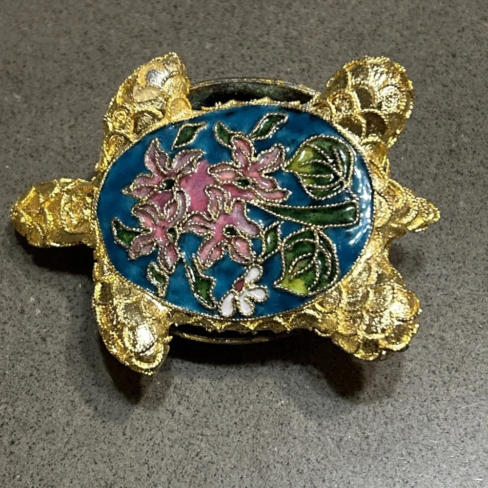 Vintage Floral Cloisonne Sea Turtle Enamel Gold Pink Collectible Figurine 3.5